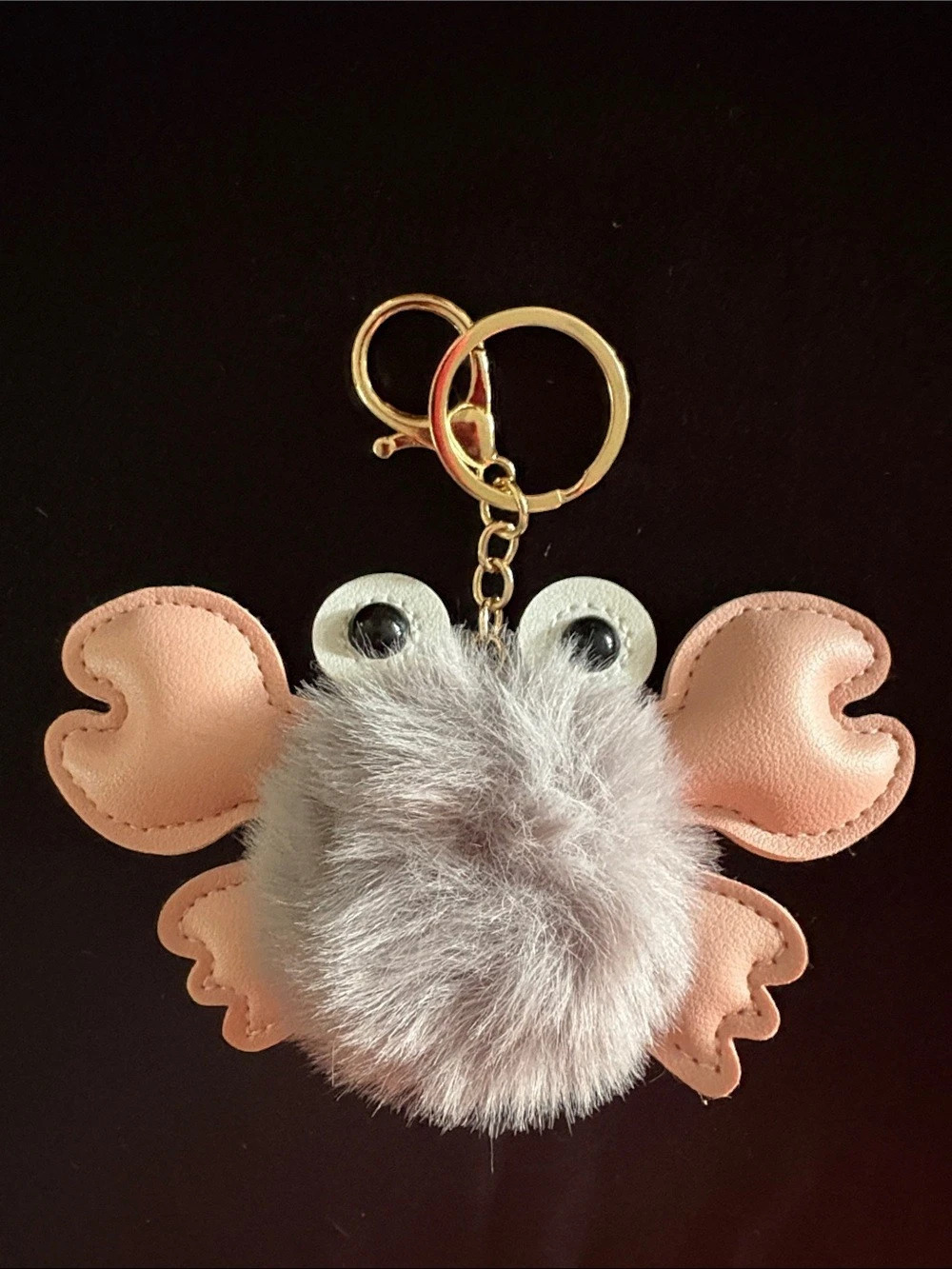 Fuzzy Crab Pom Pom Keychain Bag Charm Pink & Gray